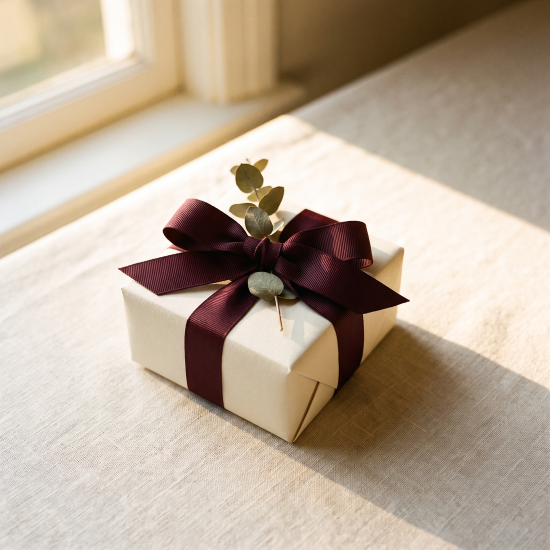 A single gift wrapped in unbleached ivory paper and tied with wide deep oxblood ribbon on linen in late afternoon light