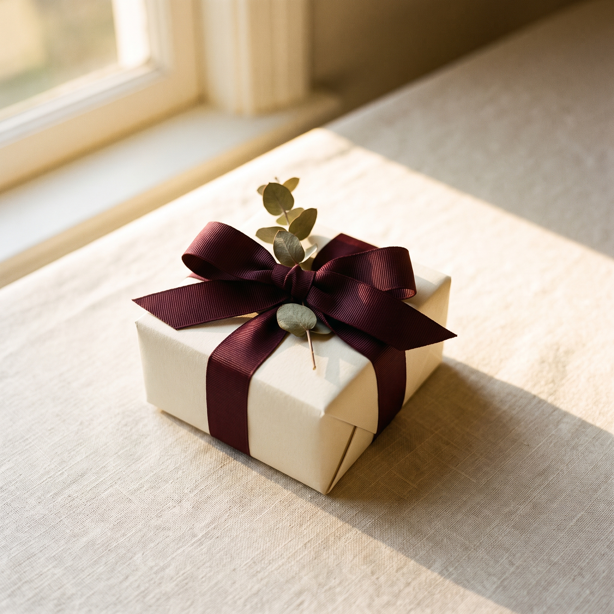 A single gift wrapped in unbleached ivory paper and tied with wide deep oxblood ribbon on linen in late afternoon light