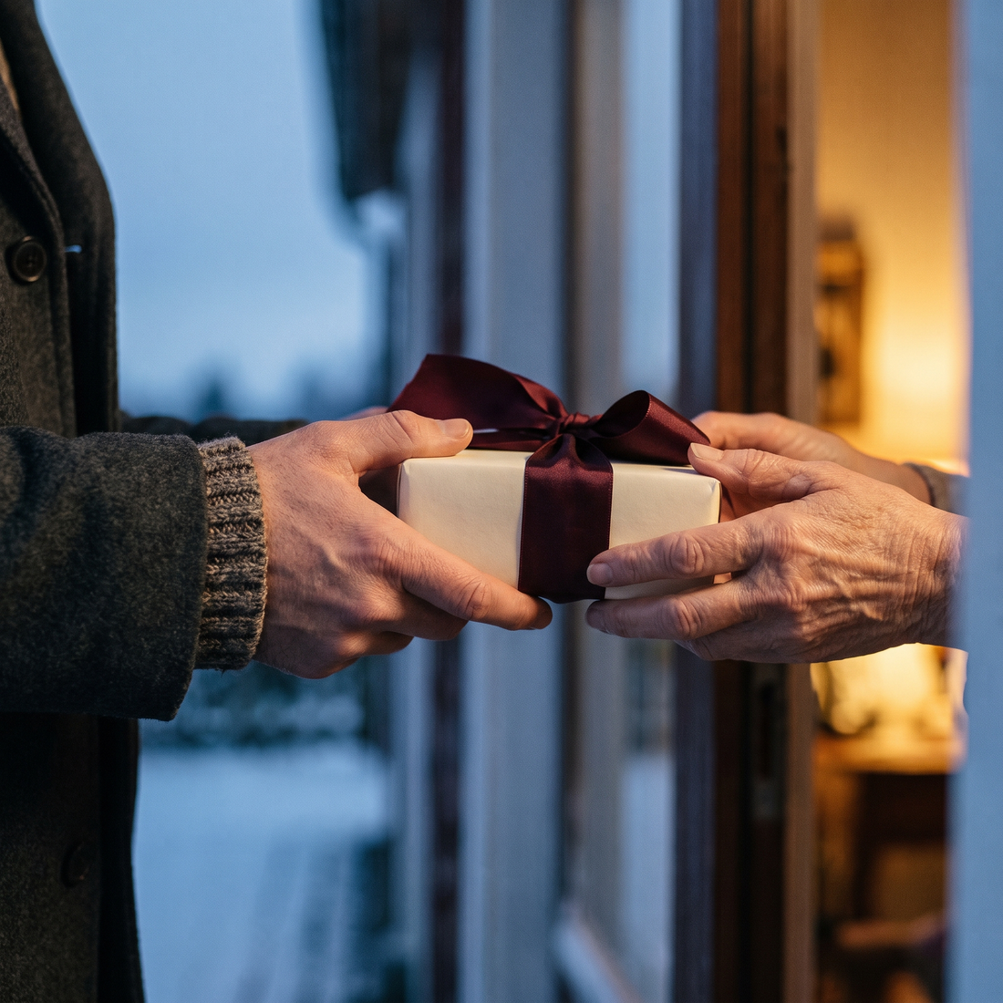 Two pairs of hands passing a small ivory-wrapped gift with oxblood ribbon in a doorway on a winter evening