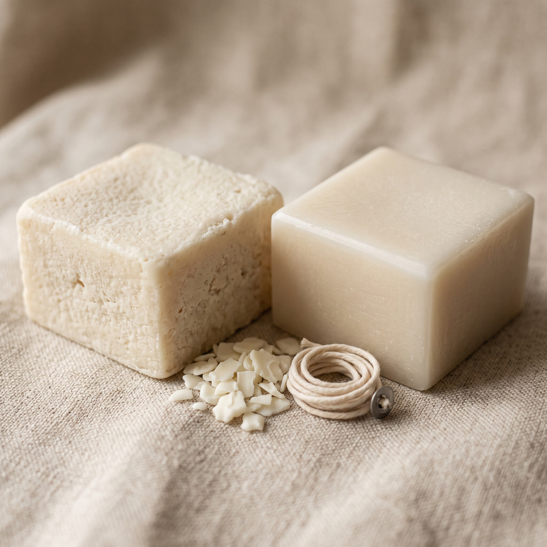 Two blocks of candle wax side by side on ivory linen with loose soy flakes and a coil of cotton wick between them
