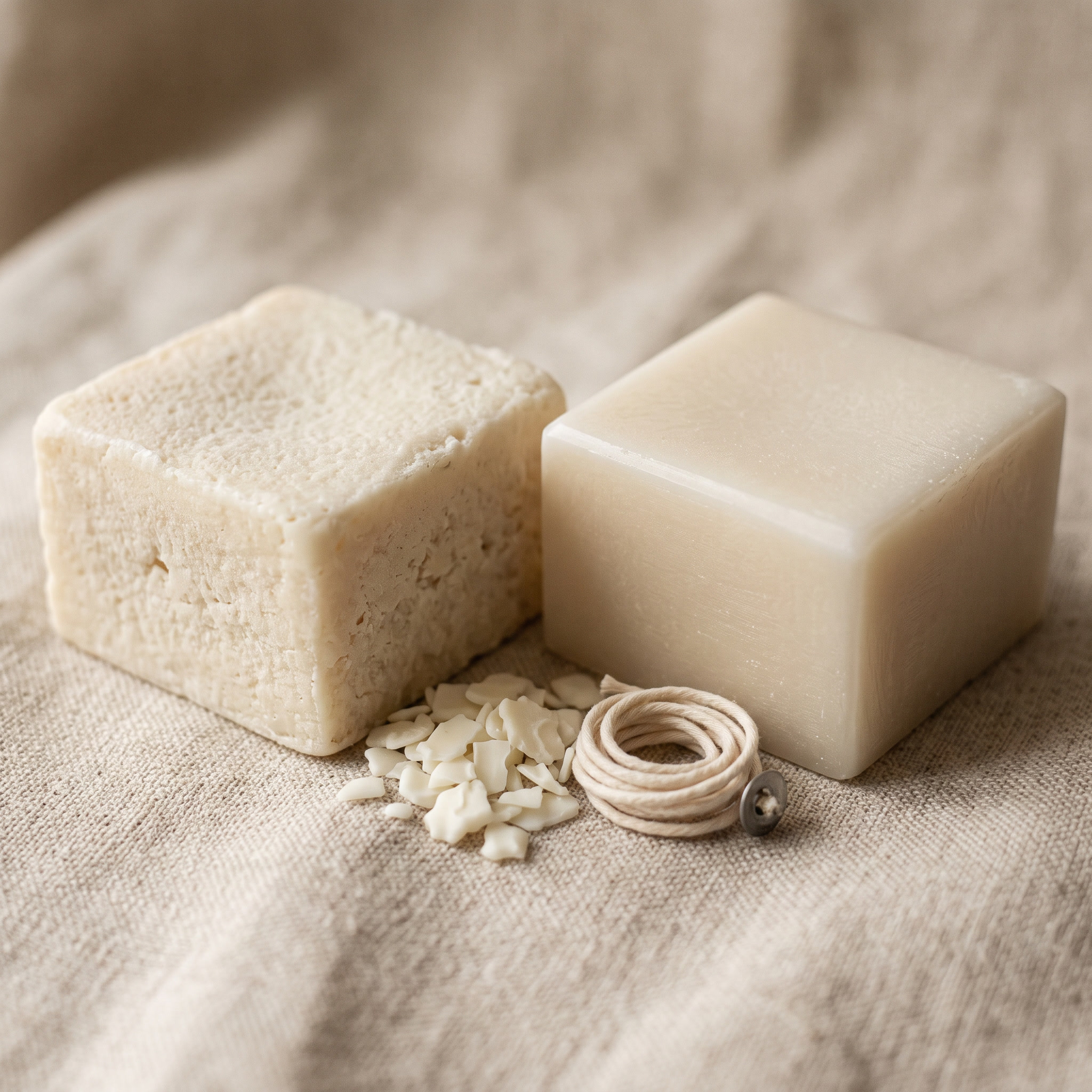 Two blocks of candle wax side by side on ivory linen with loose soy flakes and a coil of cotton wick between them
