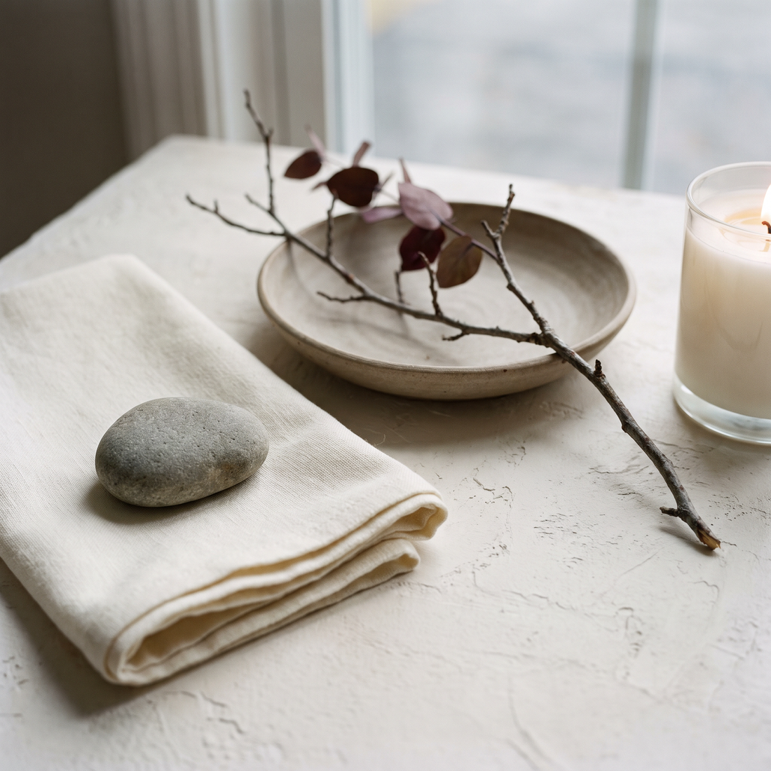 A quiet condolence still life of folded cream linen, a smooth grey stone and a bare branch in cool morning light