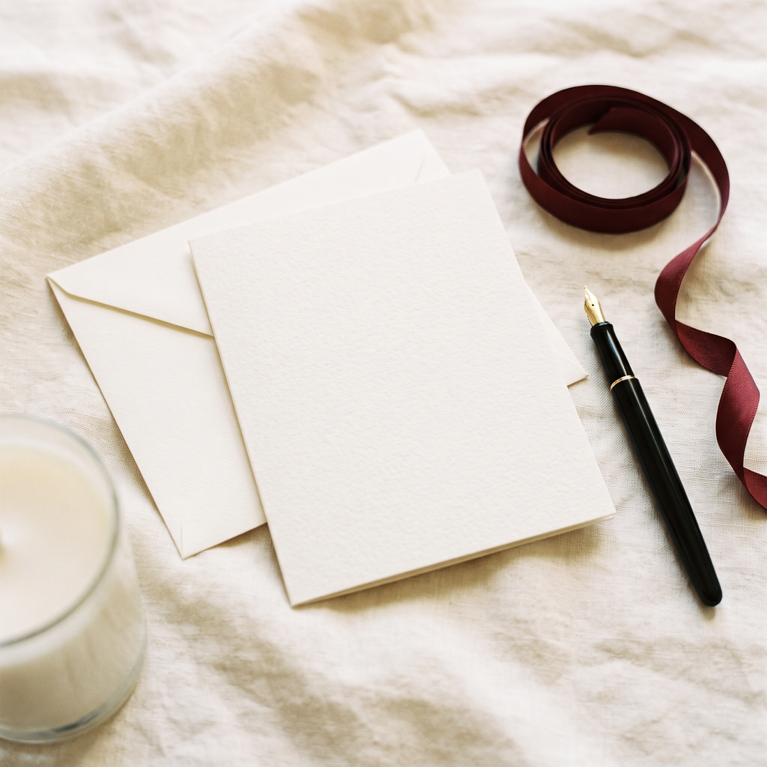 Overhead view of a blank cream notecard and envelope with an uncapped fountain pen and oxblood ribbon on ivory linen