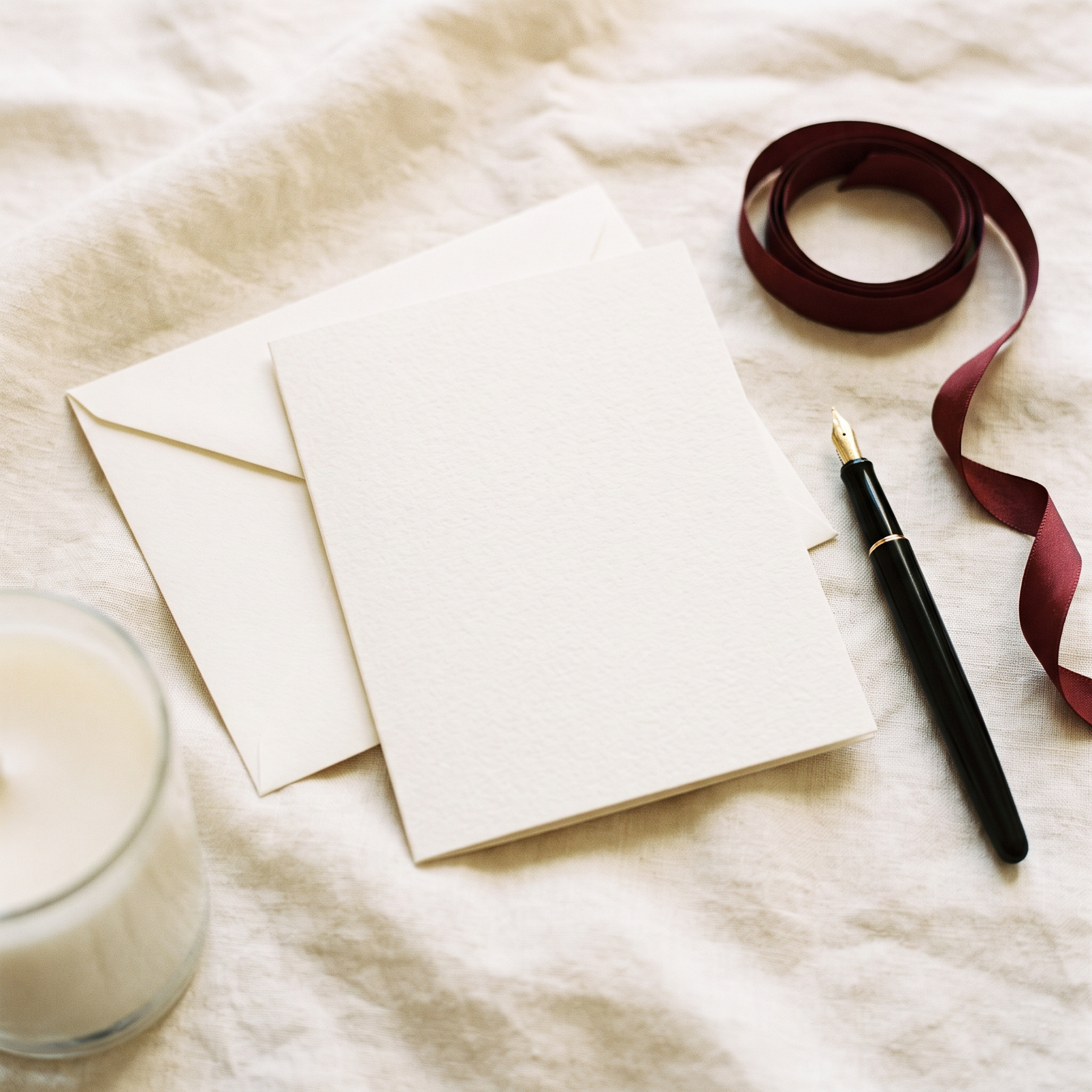 Overhead view of a blank cream notecard and envelope with an uncapped fountain pen and oxblood ribbon on ivory linen