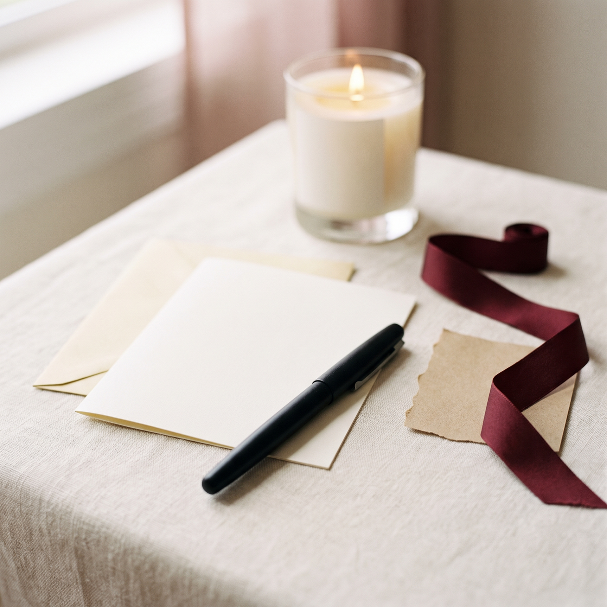 A blank cream notecard and envelope with a fountain pen and deep oxblood ribbon on ivory linen, a candle glowing behind