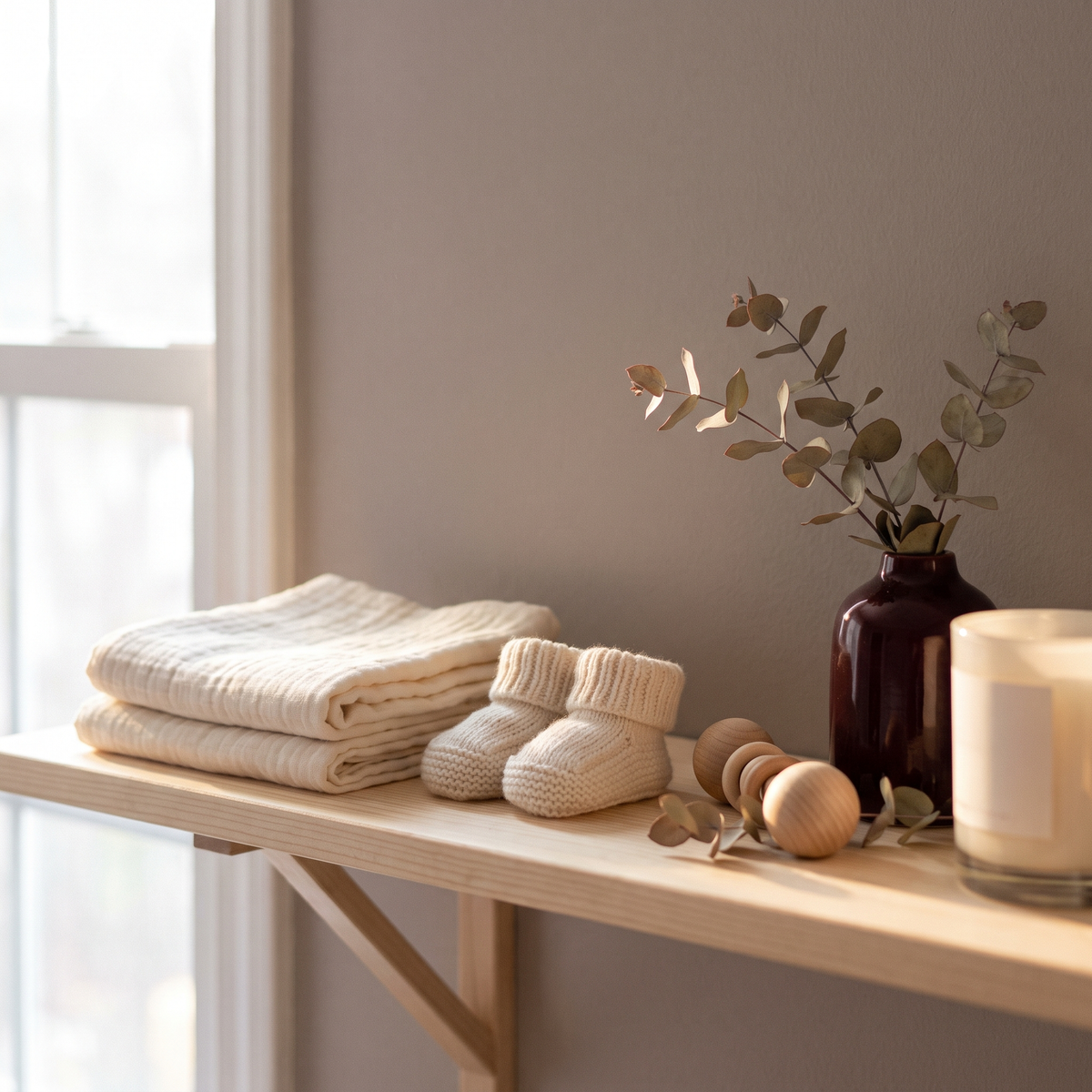 Folded cream muslin cloths, tiny knitted booties and dried eucalyptus on a nursery shelf in pale morning light