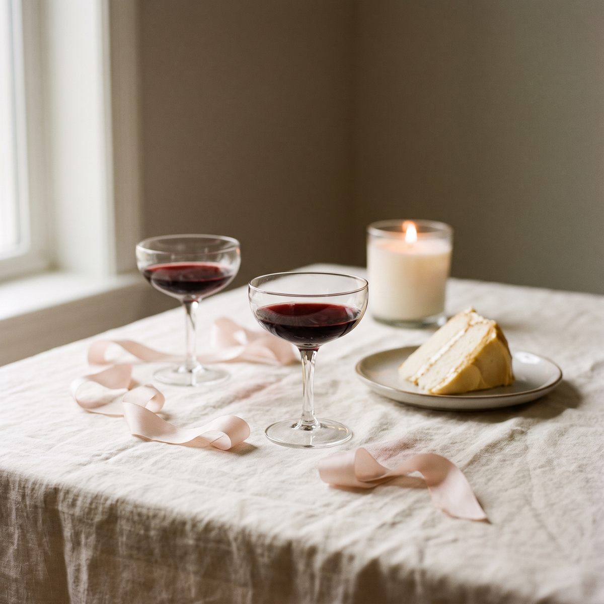 Linen table after a small birthday gathering, with wine glasses, blush ribbon and a candle burning softly out of focus