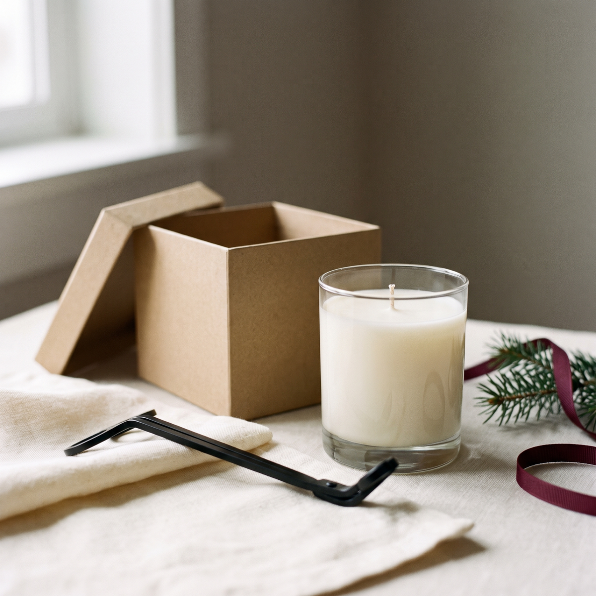 A candle beside its open kraft gift box with a matte black wick trimmer laid on ivory linen