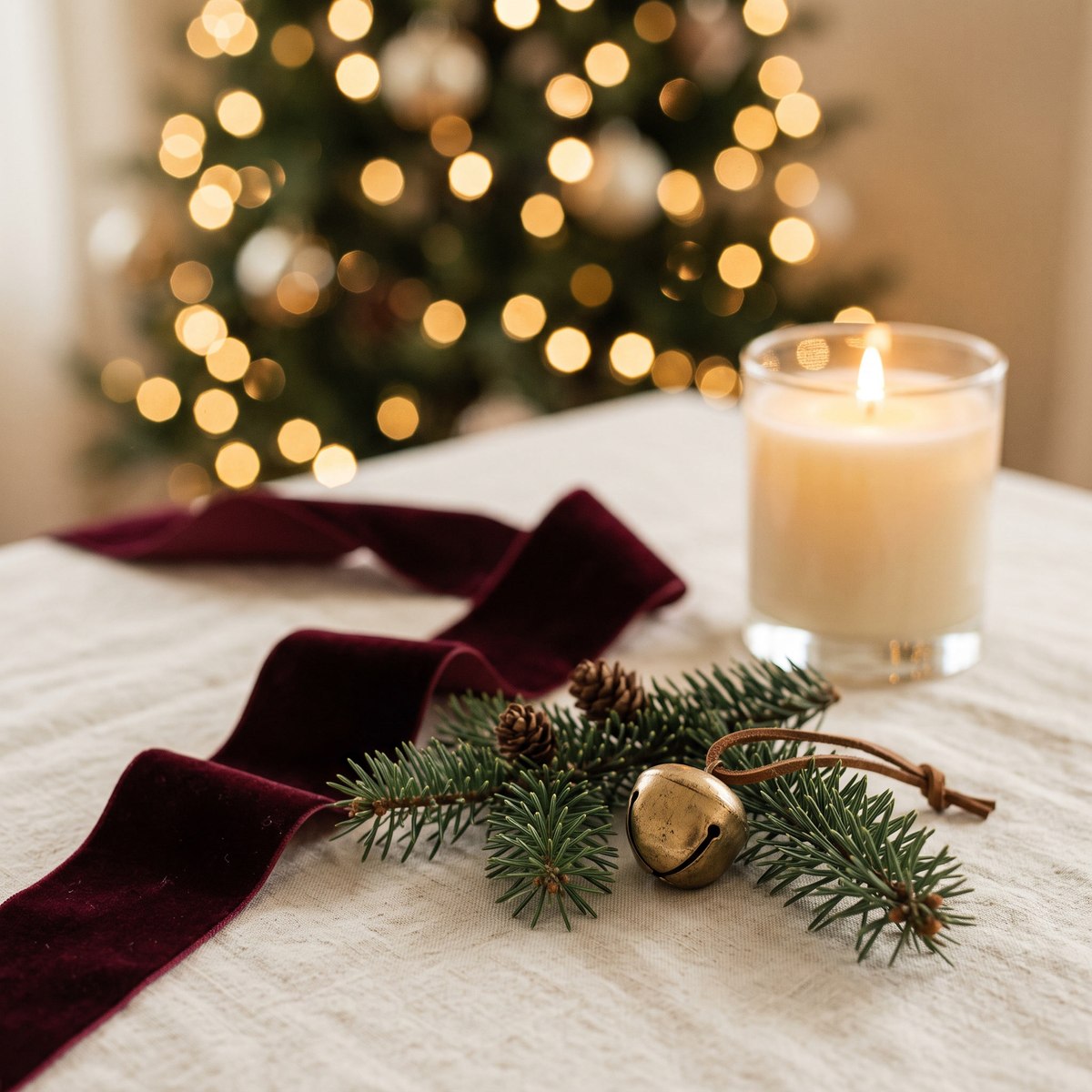 Deep oxblood velvet ribbon and fir sprigs on ivory linen with warm Christmas tree bokeh and a candle burning softly
