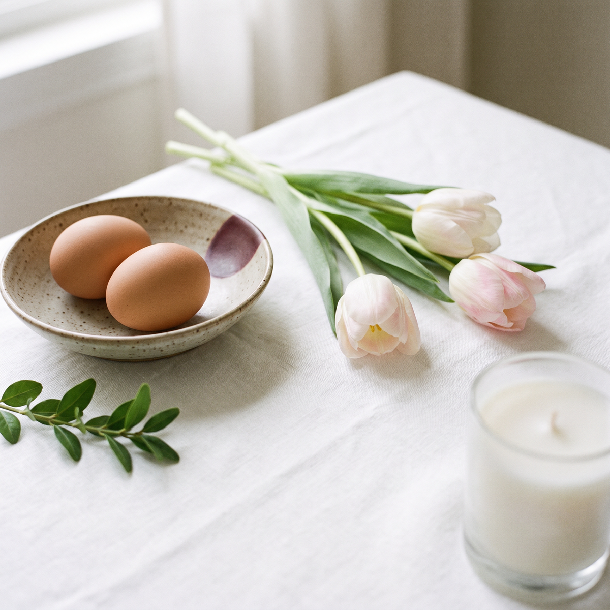 Pale tulips laid on white linen beside a speckled ceramic bowl of eggs in clean spring morning light