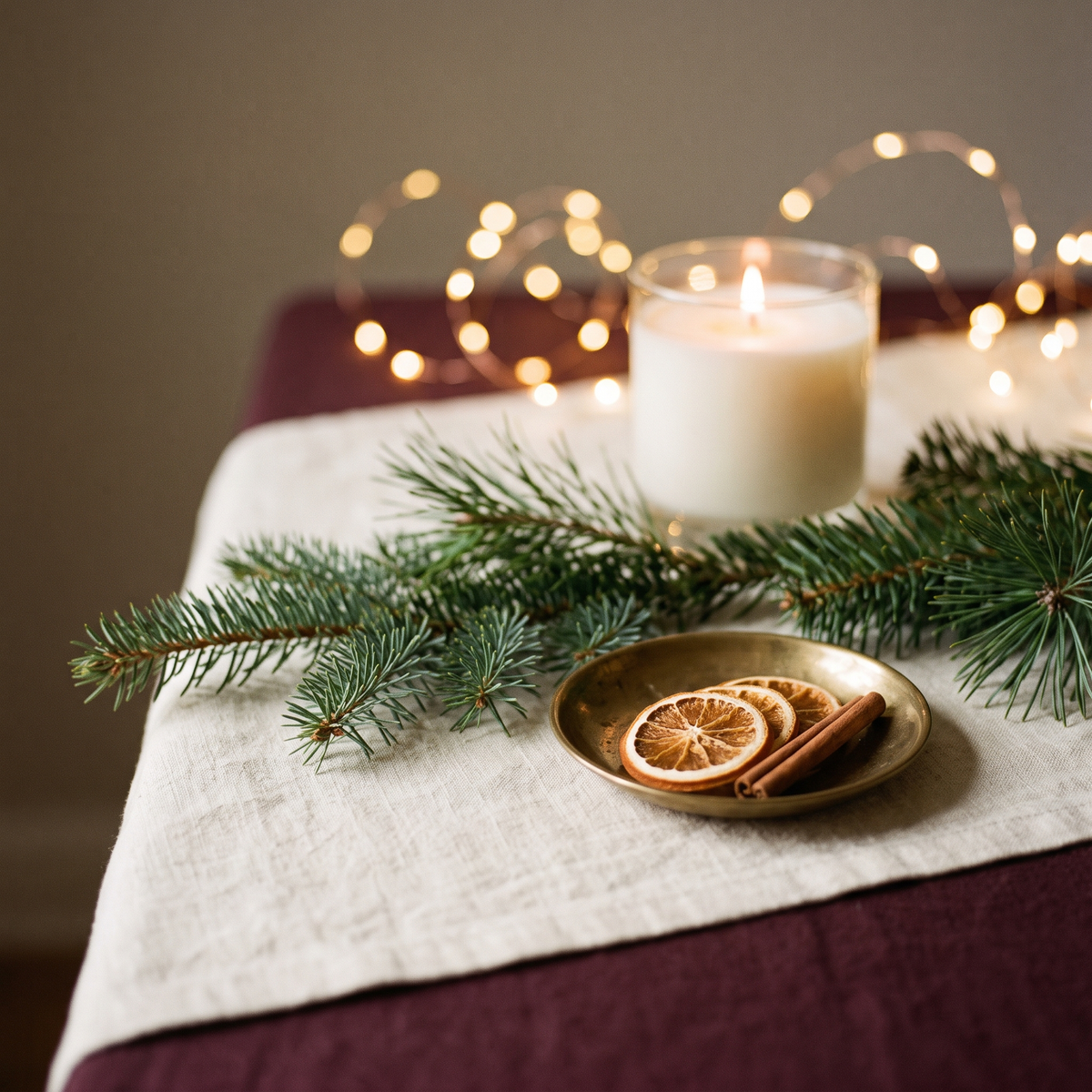 Fir sprigs, a brass dish and dried orange slices on ivory linen against warm golden string-light bokeh