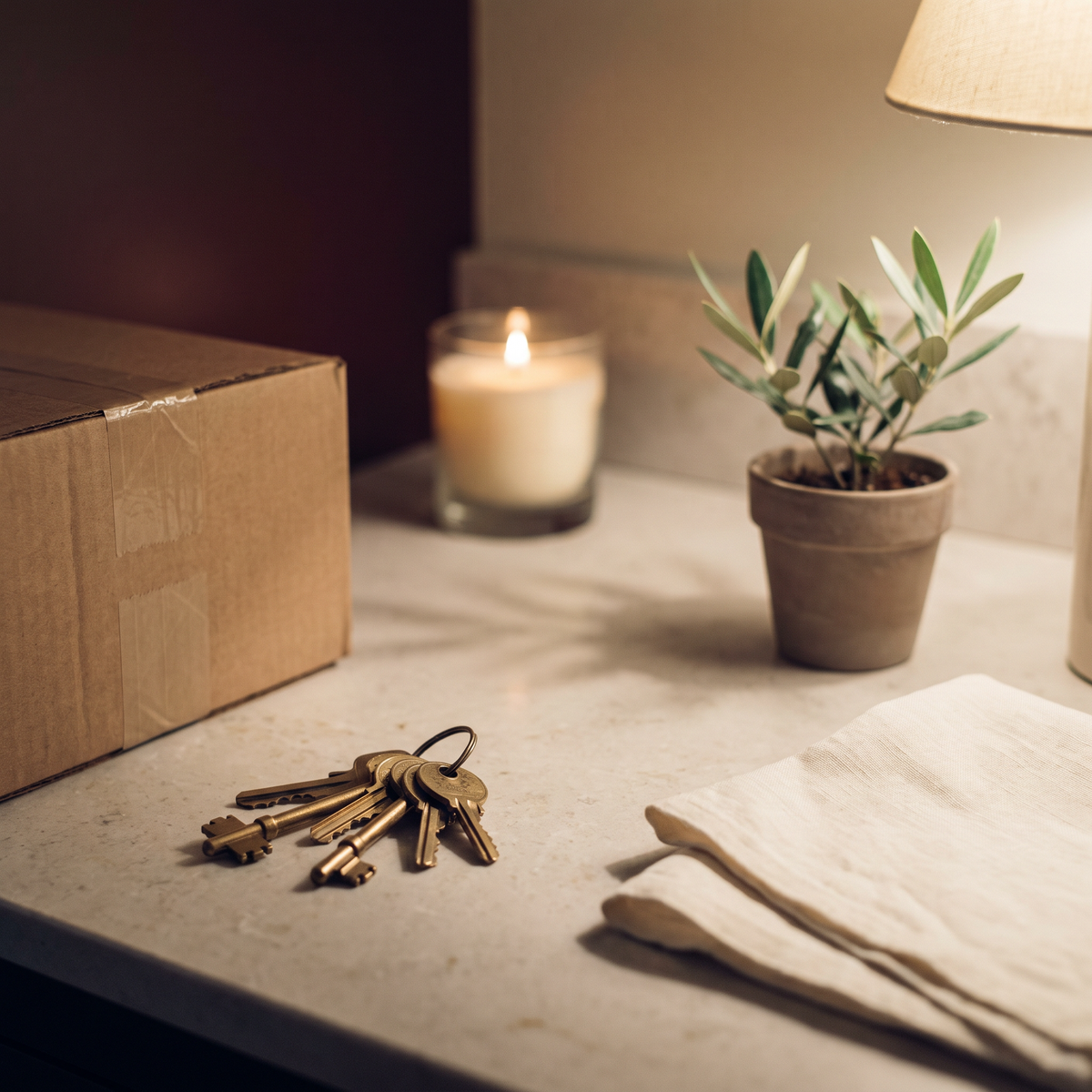 Brass keys on a stone counter beside an unpacked box and a small olive plant, lit by warm evening lamplight