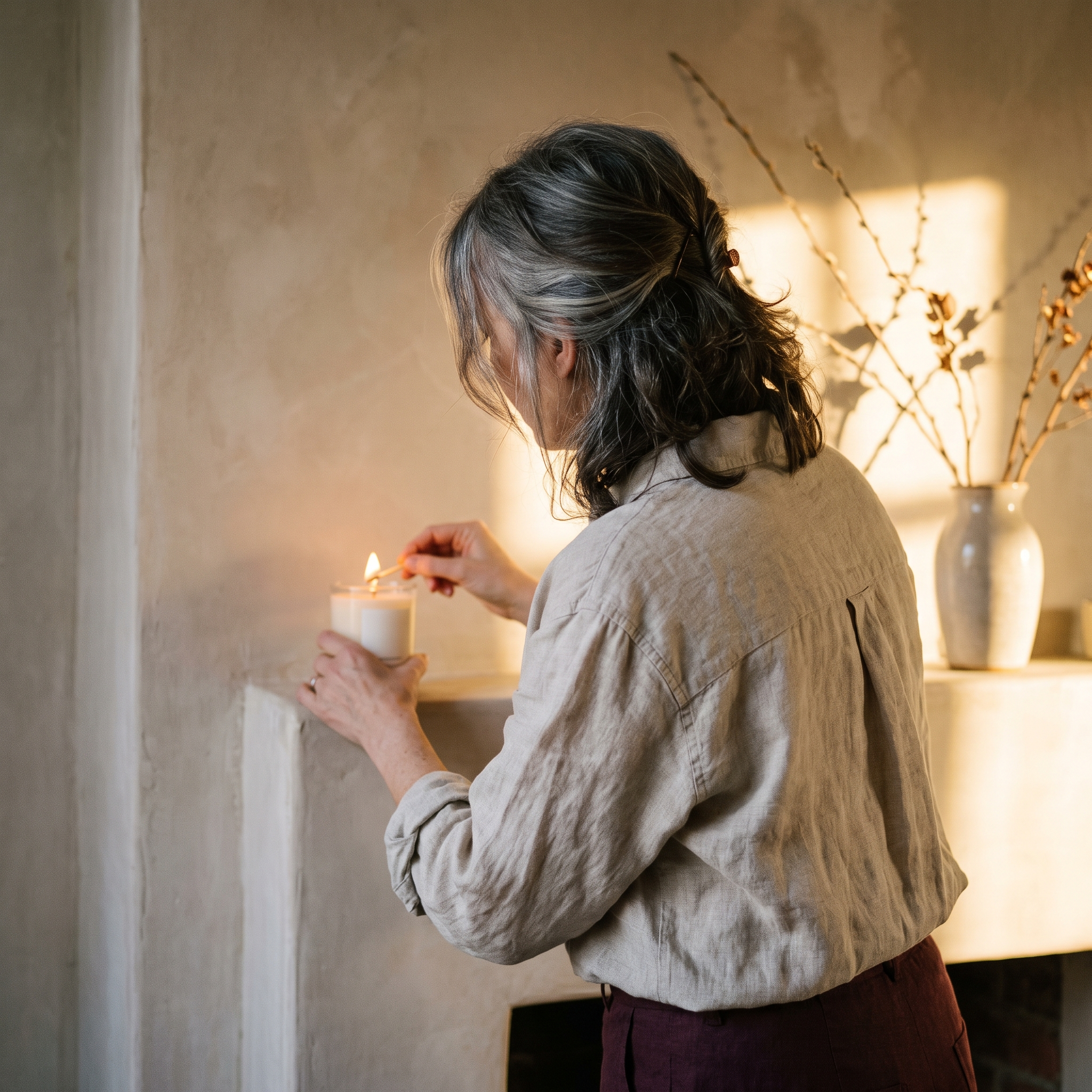 A woman in a linen shirt lighting a candle on a plaster mantelpiece in golden late-afternoon light