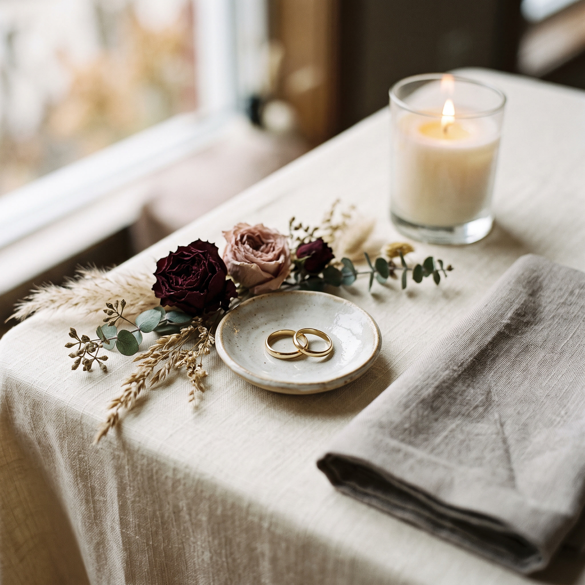 Two gold rings in a pale ceramic dish beside dried oxblood and blush roses on ivory linen, with a lit candle at the edge of frame
