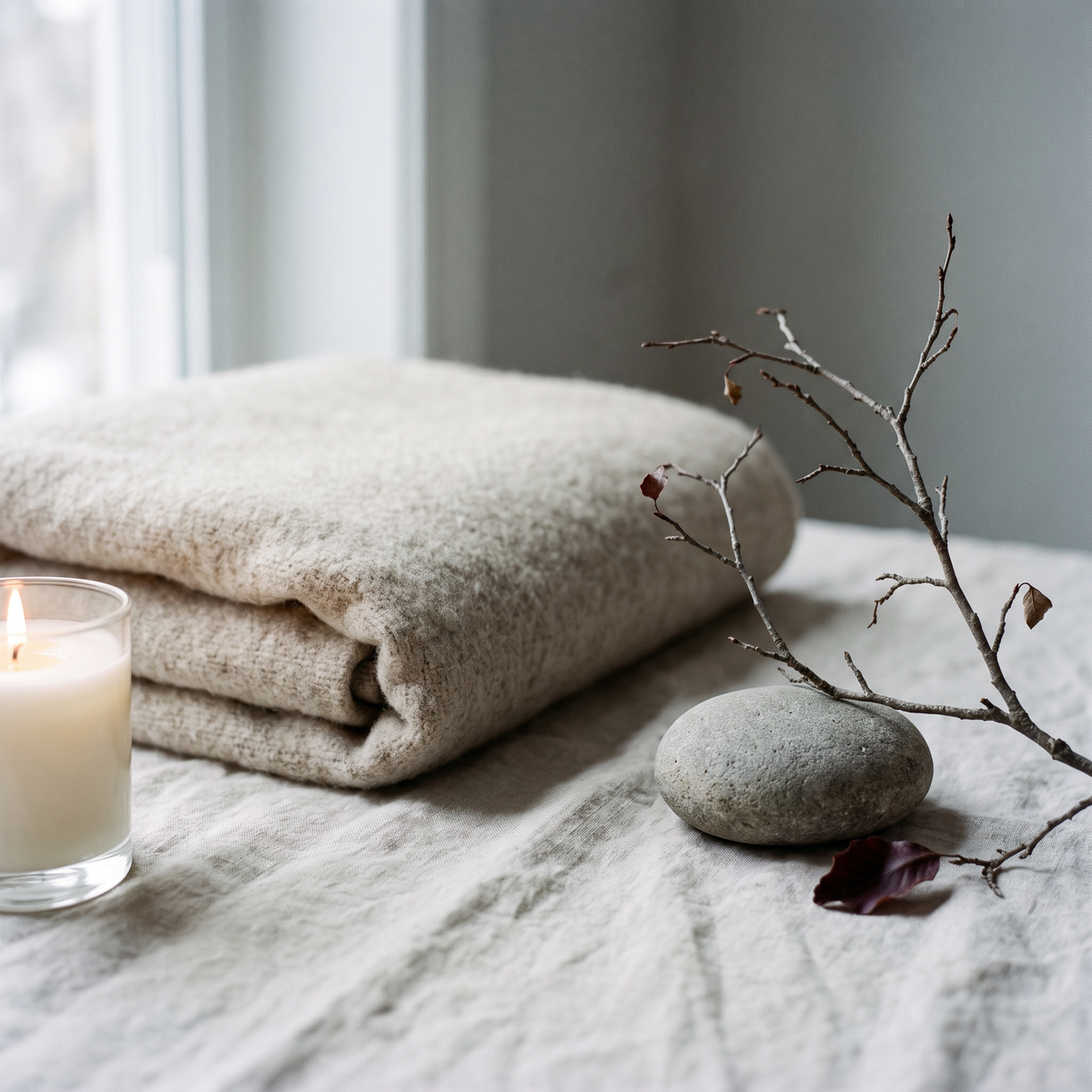 A folded wool throw, a smooth grey stone and a bare winter branch in quiet grey morning light, with one small candle flame