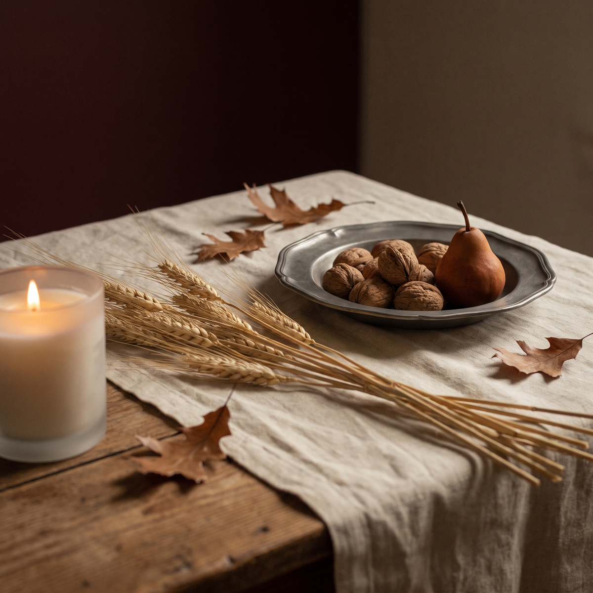 Dried wheat, oak leaves and a pewter dish of walnuts on a harvest table in low amber afternoon light