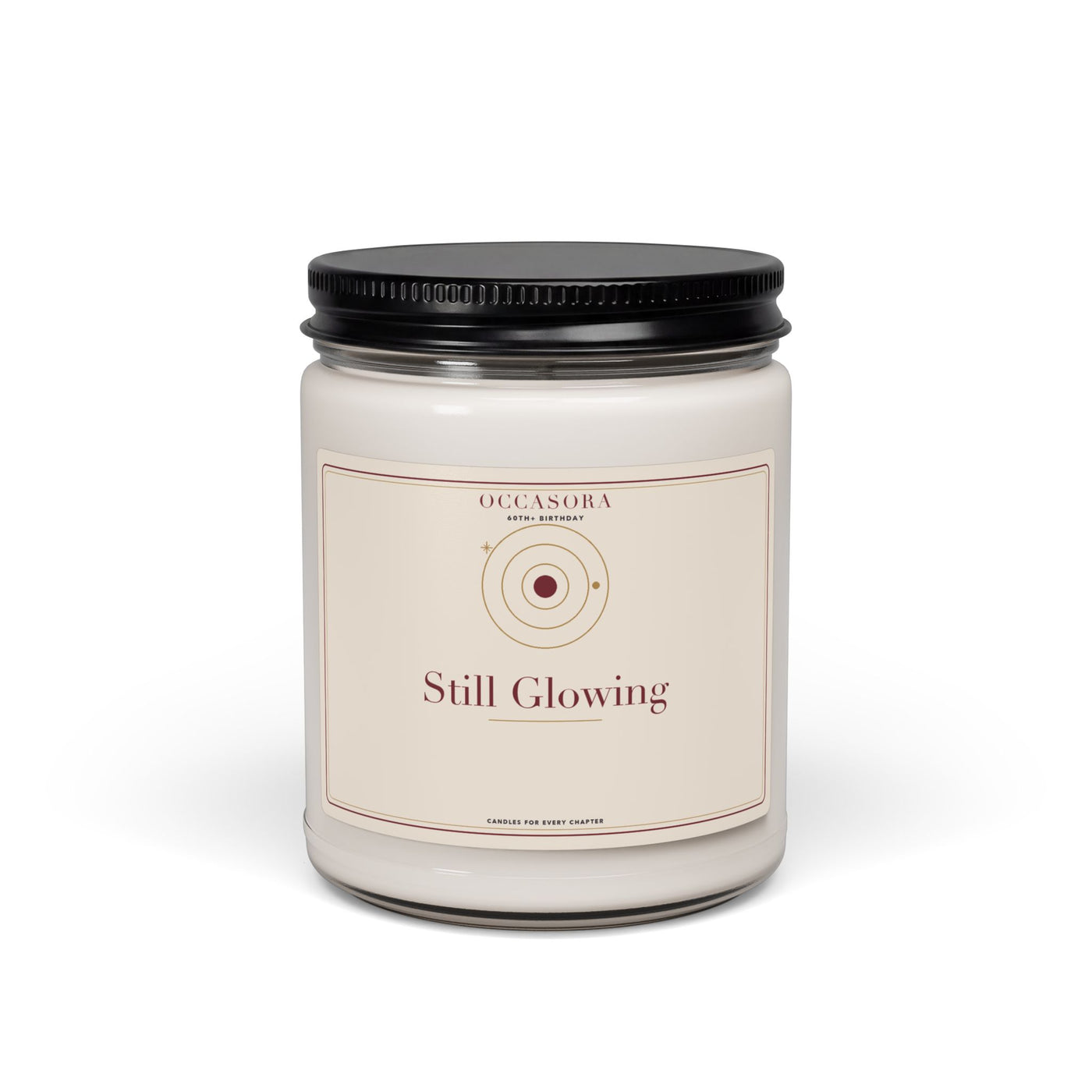 Occasora 'Still Glowing' 60th+ birthday candle, 9 oz soy wax blend in a reusable glass jar