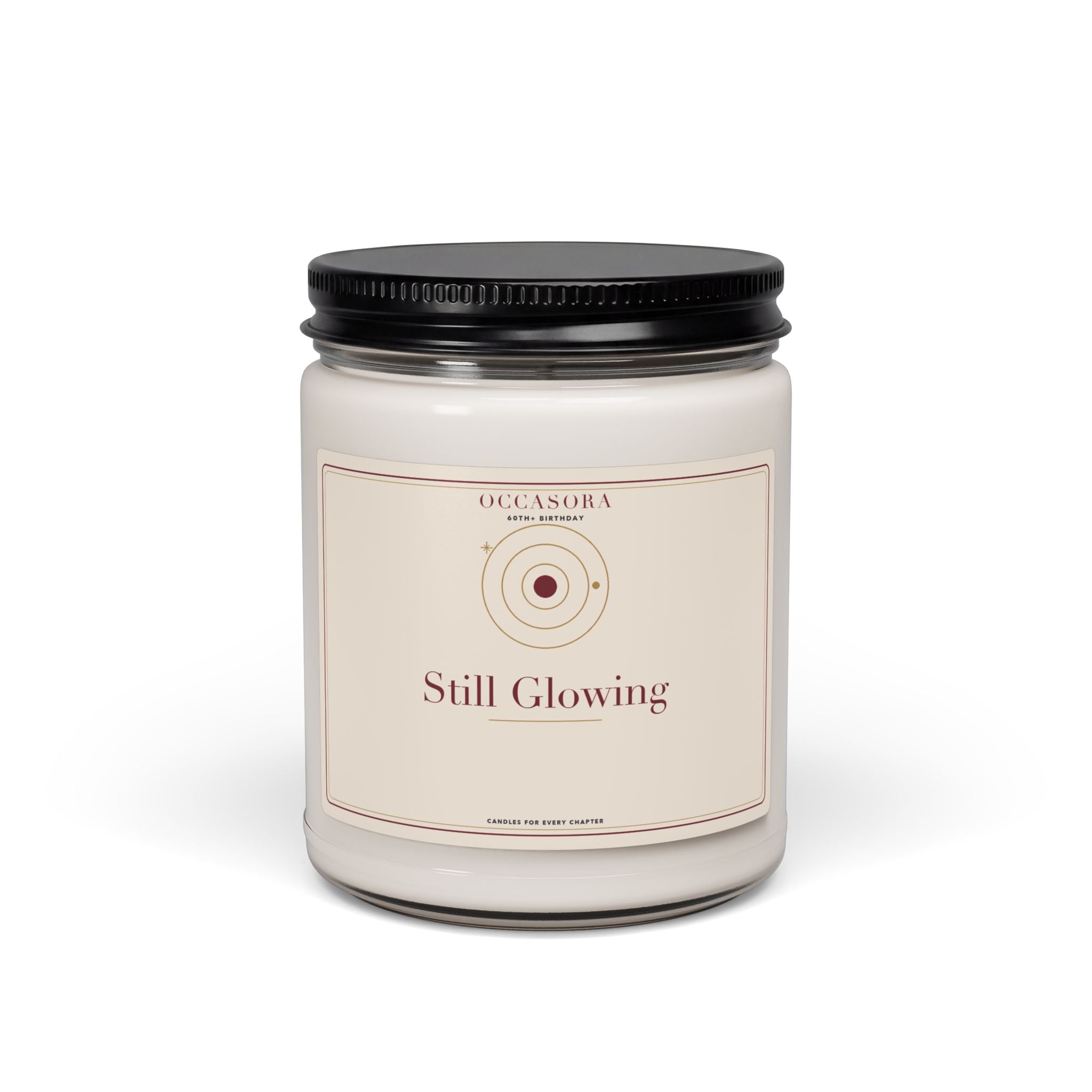 Occasora 'Still Glowing' 60th+ birthday candle, 9 oz soy wax blend in a reusable glass jar