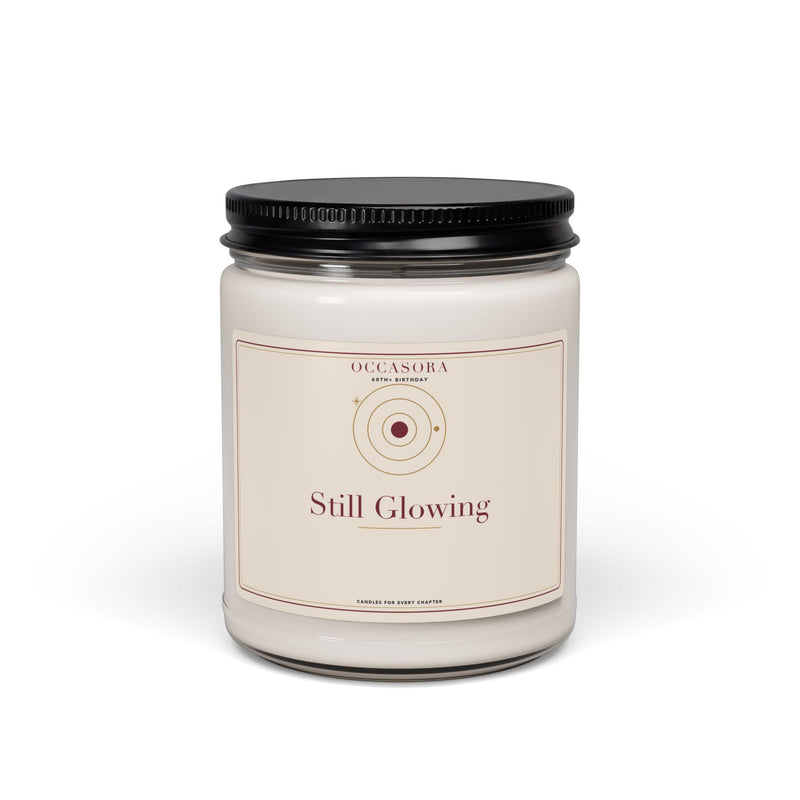 Occasora 'Still Glowing' 60th+ birthday candle, 9 oz soy wax blend in a reusable glass jar