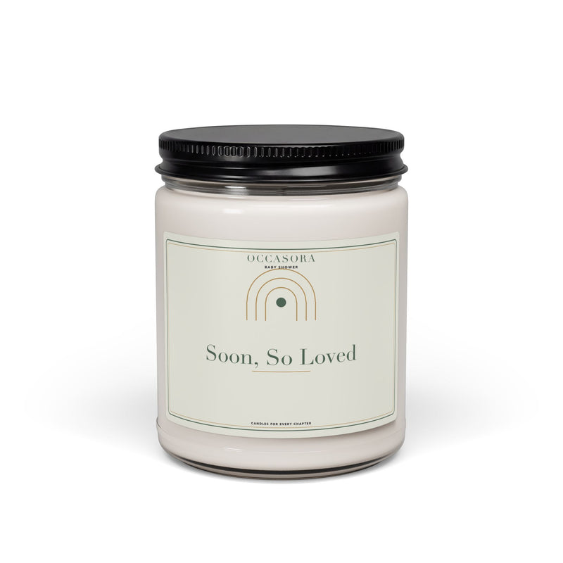 Occasora 'Soon, So Loved' baby shower candle, 9 oz soy wax blend in a reusable glass jar
