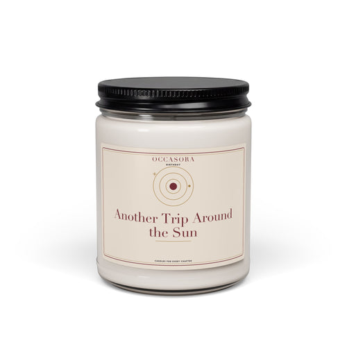 Occasora 'Another Trip Around the Sun' birthday candle, 9 oz soy wax blend in a reusable glass jar