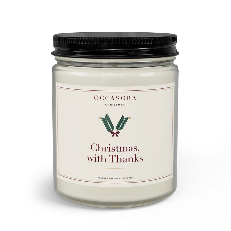 Occasora 'Christmas, with Thanks' Christmas candle gift set, 9 oz soy wax blend in a clear reusable glass jar