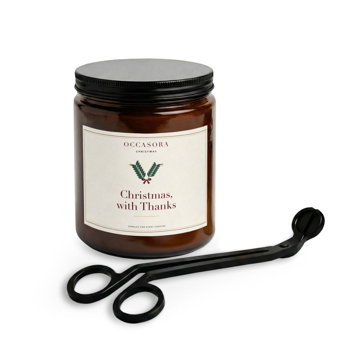 'Christmas, with Thanks' Christmas candle gift set with its matte black wick trimmer, amber jar - photo 4 of 4