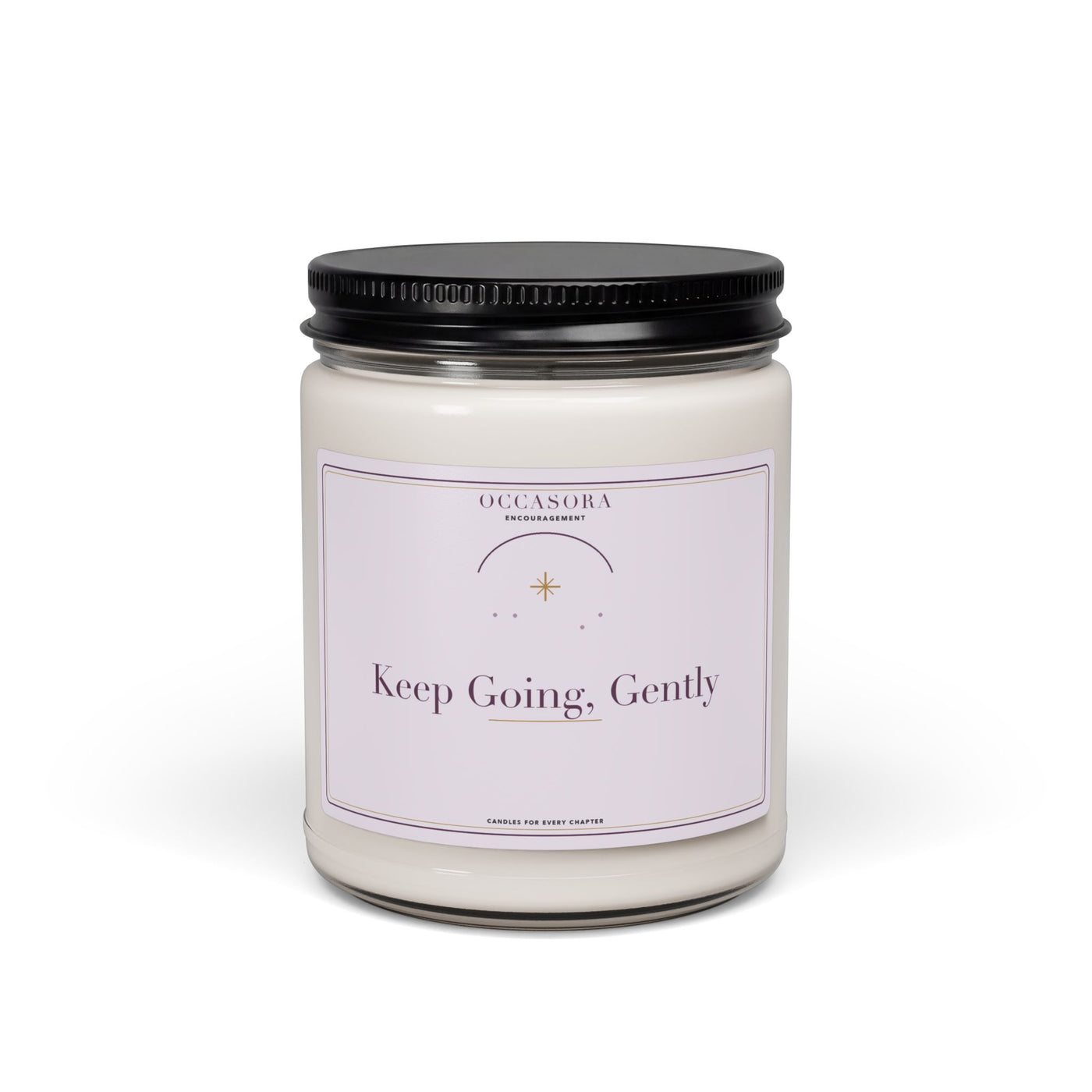 Occasora 'Keep Going, Gently' encouragement candle, 9 oz soy wax blend in a reusable glass jar