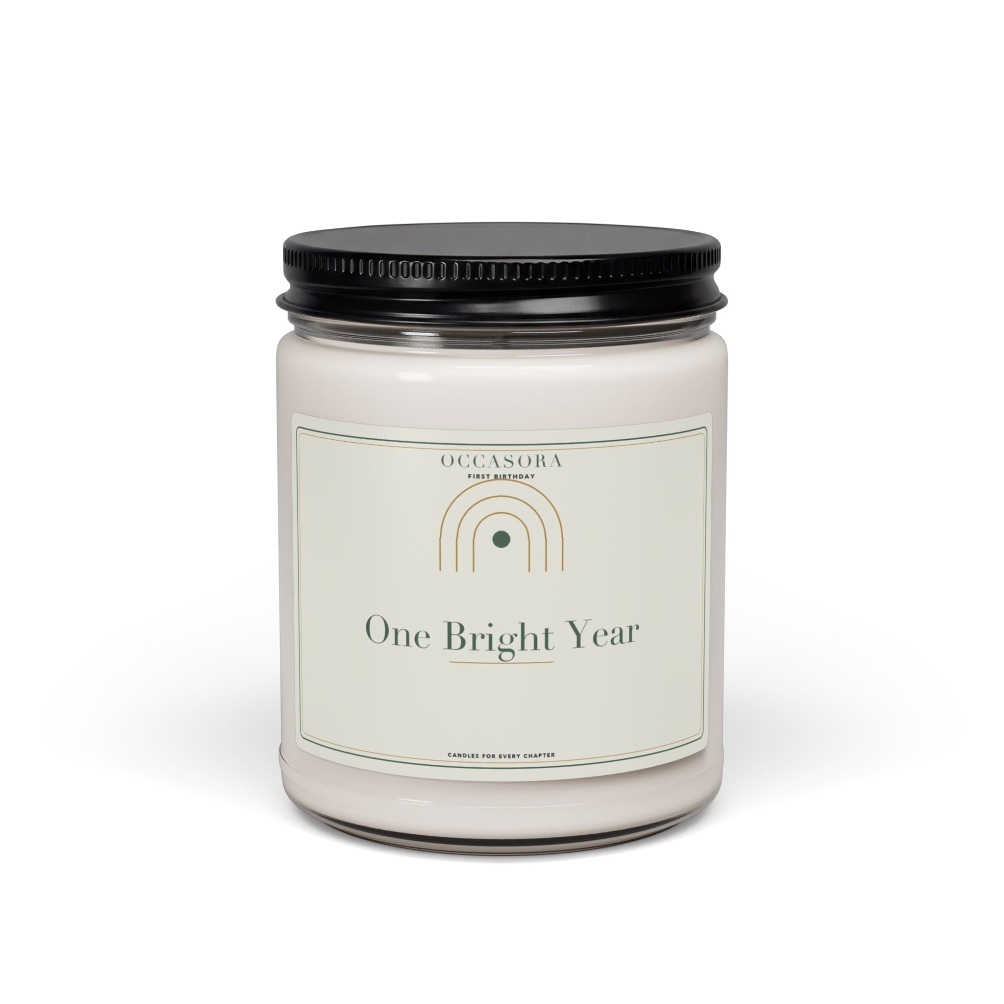 Occasora 'One Bright Year' first birthday candle, 9 oz soy wax blend in a reusable glass jar