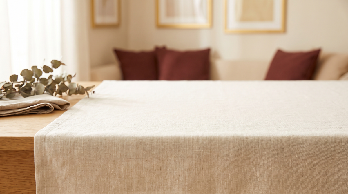 Warm ivory linen tabletop in soft window light with dried eucalyptus at the edge