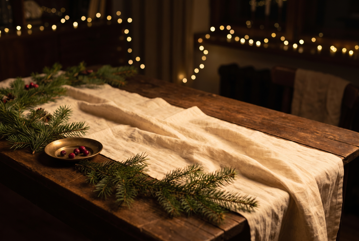 Christmas table with pine sprigs, brass dish and warm bokeh lights
