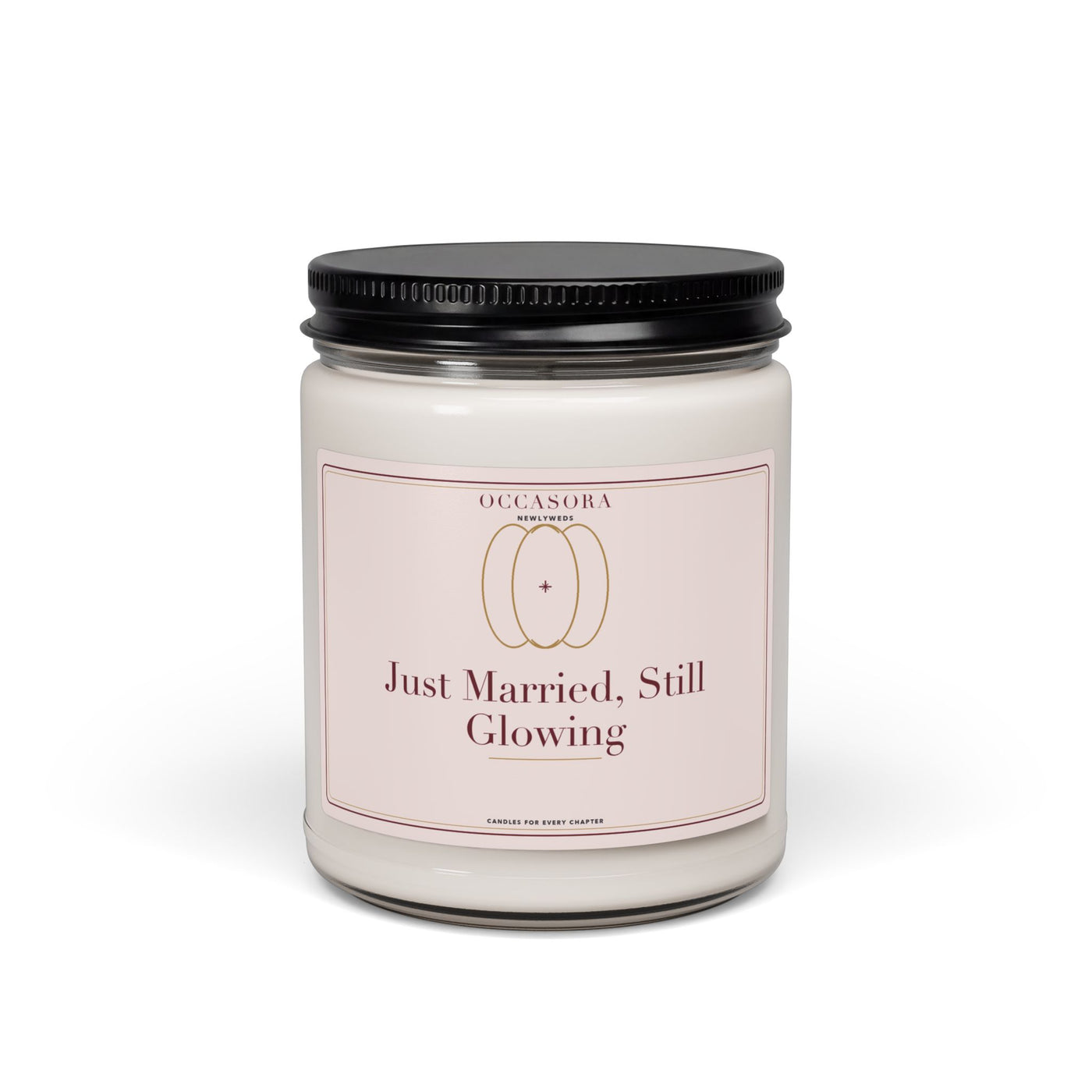 Occasora 'Just Married, Still Glowing' newlyweds candle, 9 oz soy wax blend in a reusable glass jar