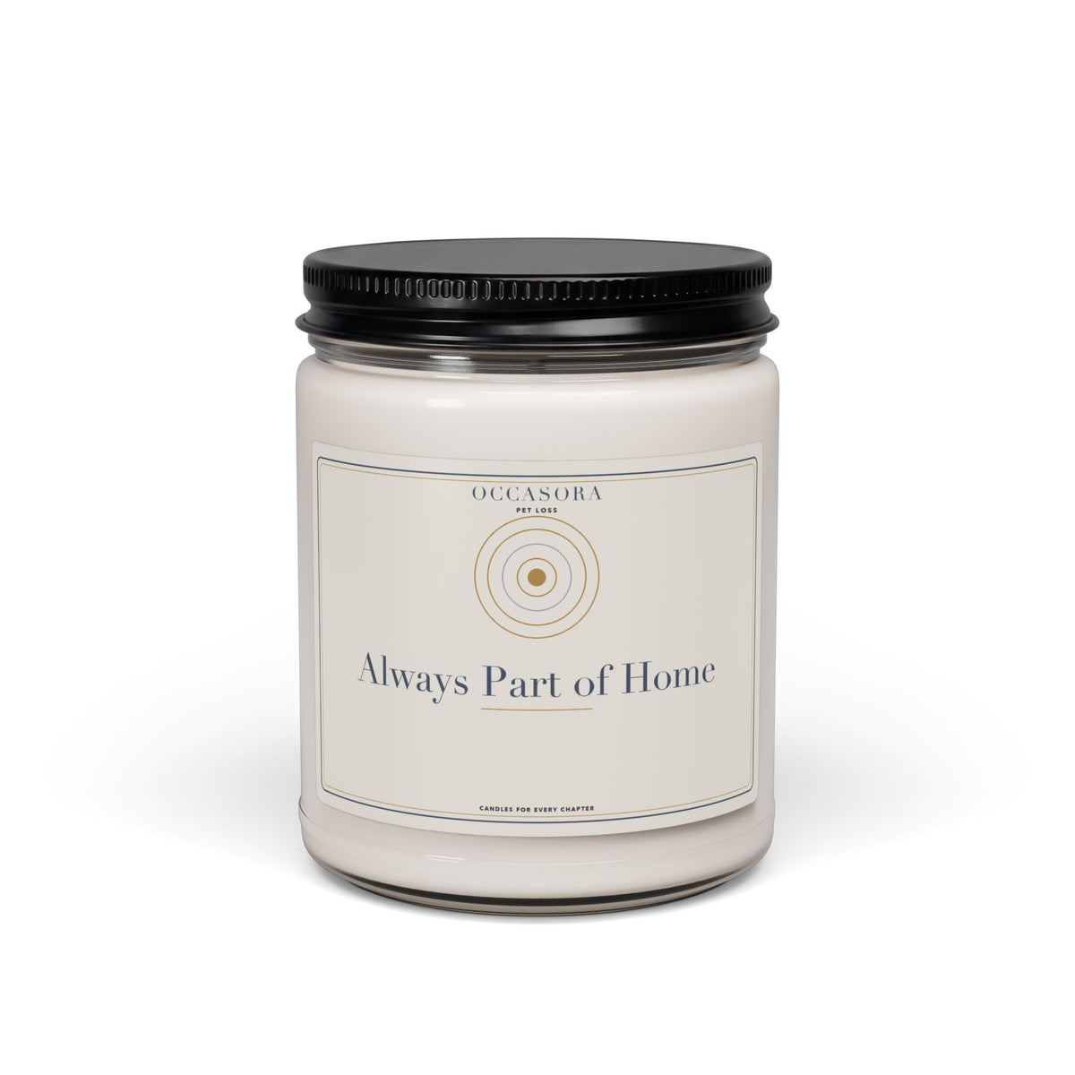 Occasora 'Always Part of Home' pet loss candle, 9 oz soy wax blend in a reusable glass jar