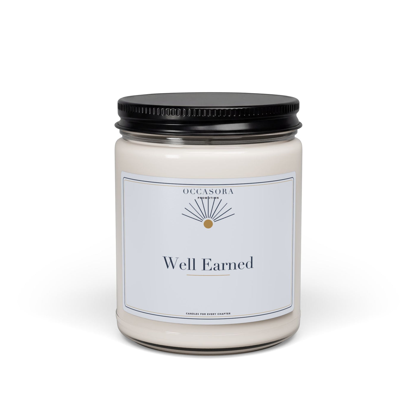 Occasora 'Well Earned' promotion candle, 9 oz soy wax blend in a reusable glass jar