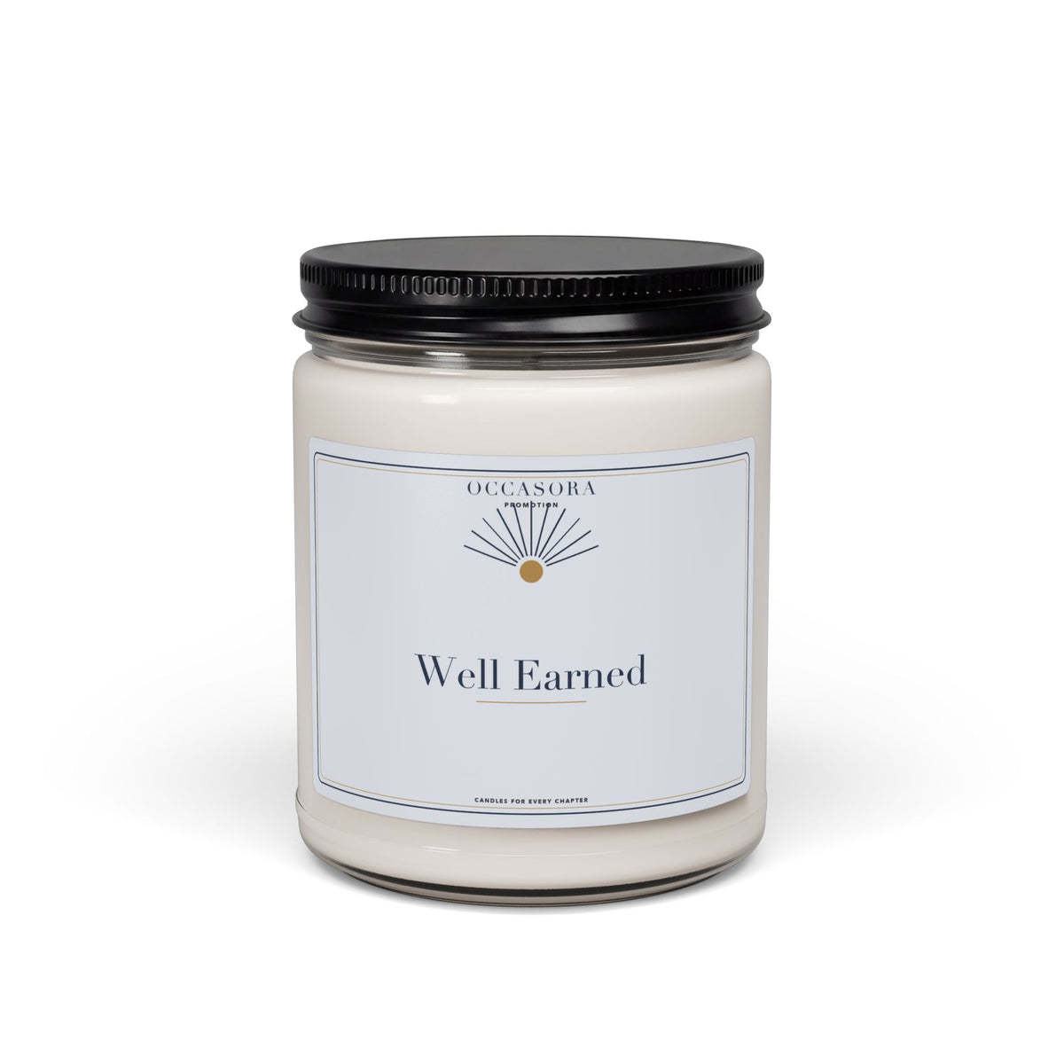 Occasora 'Well Earned' promotion candle, 9 oz soy wax blend in a reusable glass jar