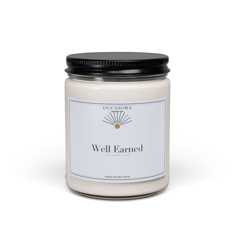 Occasora 'Well Earned' promotion candle, 9 oz soy wax blend in a reusable glass jar