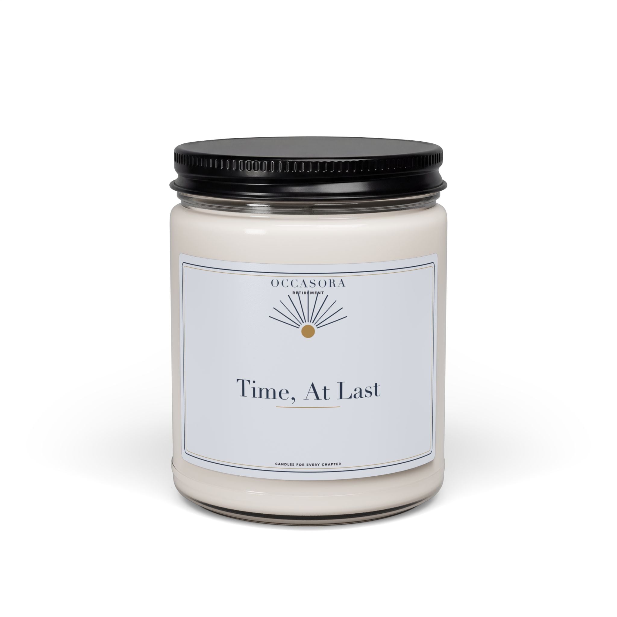 Occasora 'Time, At Last' retirement candle, 9 oz soy wax blend in a reusable glass jar