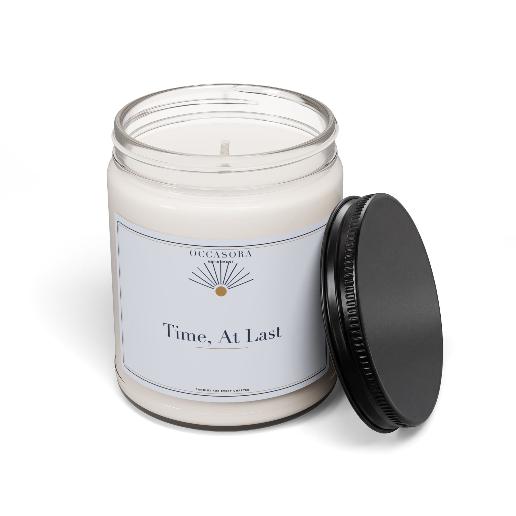 'Time, At Last' retirement candle by Occasora — glossy adhesive label on a reusable glass jar — photo 2 of 5
