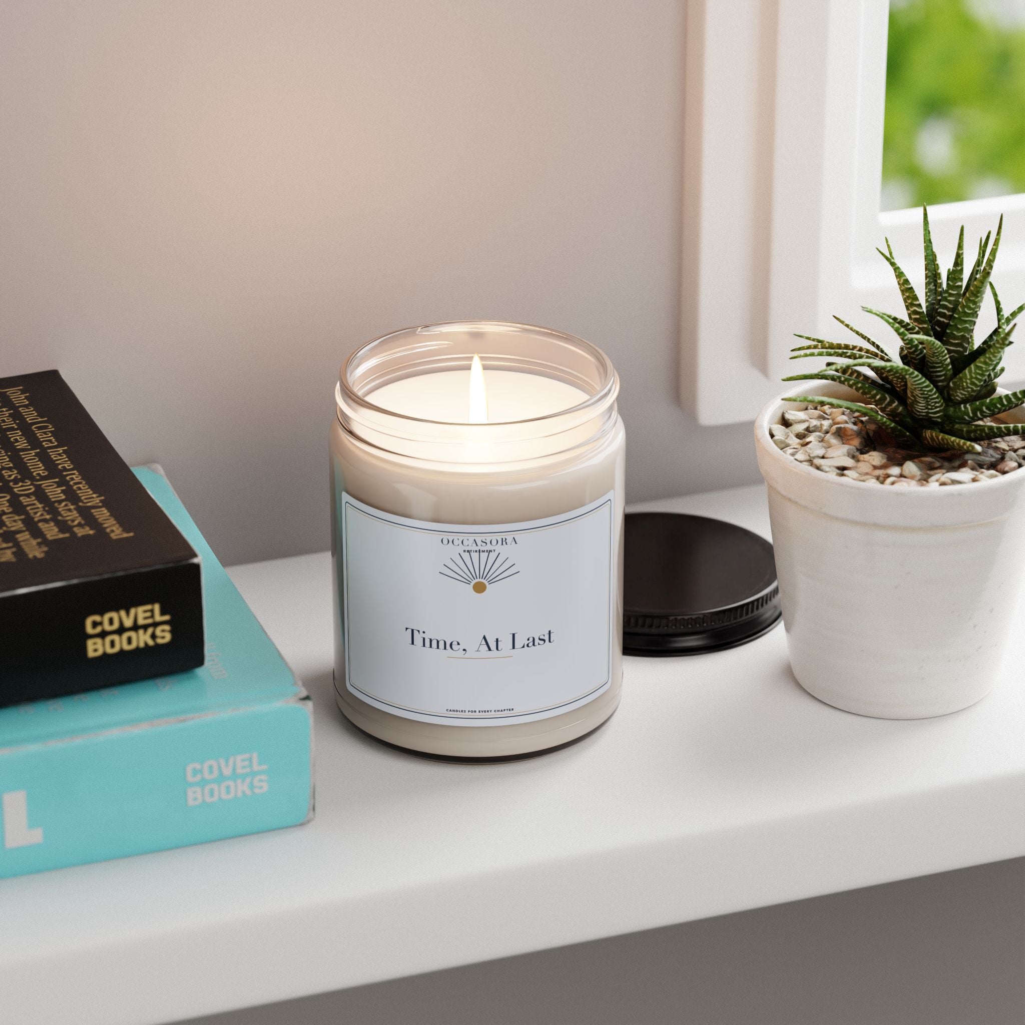 'Time, At Last' retirement candle by Occasora — approx 2.8 x 3.5 in reusable glass jar — photo 4 of 5
