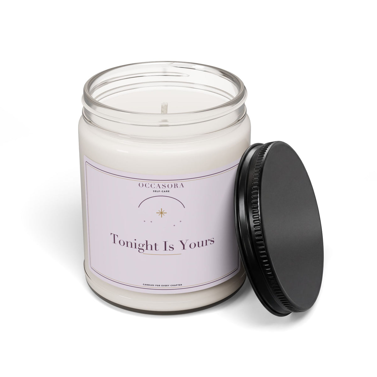 'Tonight Is Yours' self-care candle by Occasora — glossy adhesive label on a reusable glass jar — photo 2 of 5