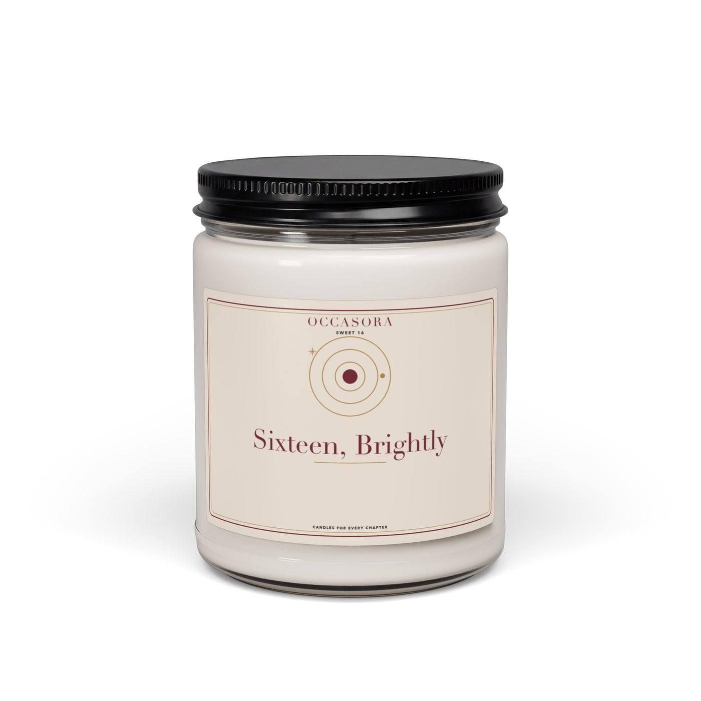 Occasora 'Sixteen, Brightly' Sweet 16 candle, 9 oz soy wax blend in a reusable glass jar