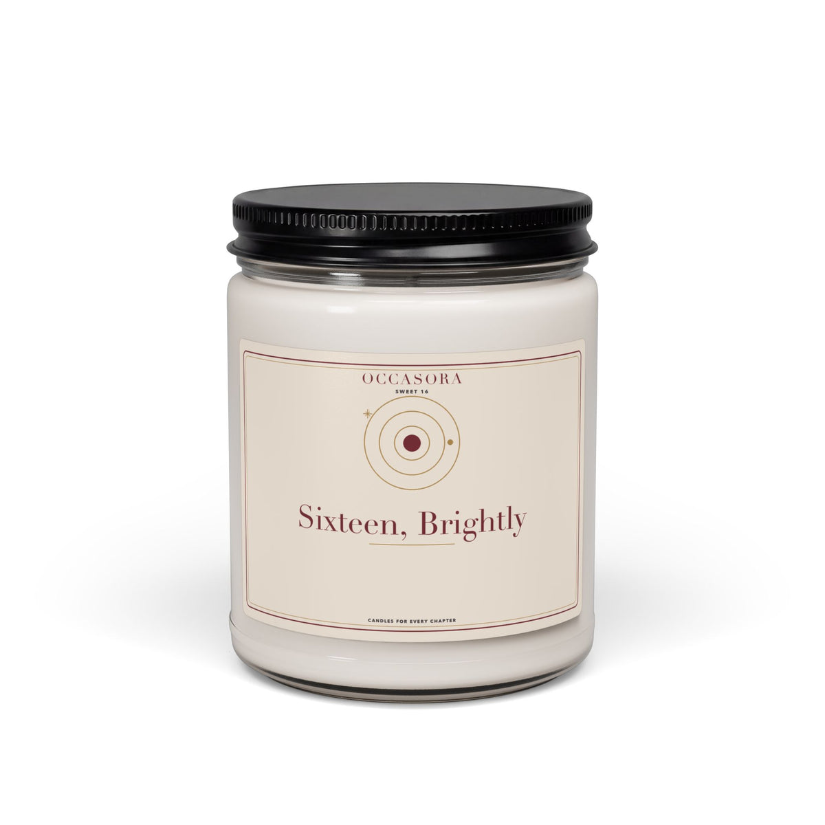 Occasora 'Sixteen, Brightly' Sweet 16 candle, 9 oz soy wax blend in a reusable glass jar