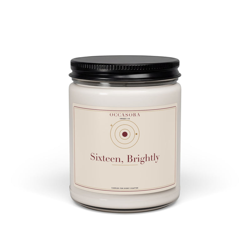 Occasora 'Sixteen, Brightly' Sweet 16 candle, 9 oz soy wax blend in a reusable glass jar